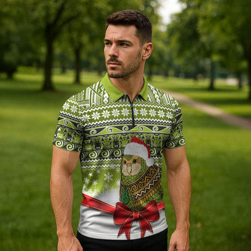 New Zealand Kakapo Christmas Zipper Polo Shirt Maori Inspired Knitted Patterns