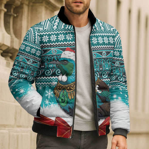 New Zealand Tui Bird Christmas Bomber Puffer Jacket Maori Inspired Knitted Patterns