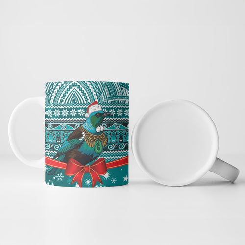 New Zealand Tui Bird Christmas Ceramic Mug Maori Inspired Knitted Patterns