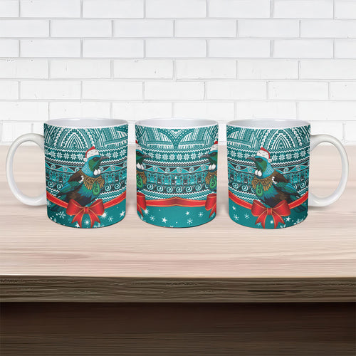 New Zealand Tui Bird Christmas Ceramic Mug Maori Inspired Knitted Patterns