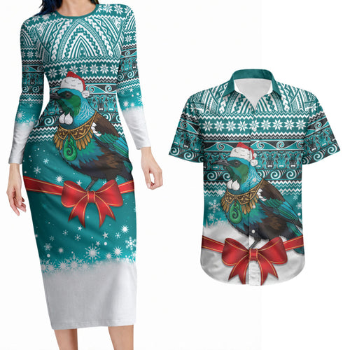 New Zealand Tui Bird Christmas Couples Matching Long Sleeve Bodycon Dress and Hawaiian Shirt Maori Inspired Knitted Patterns