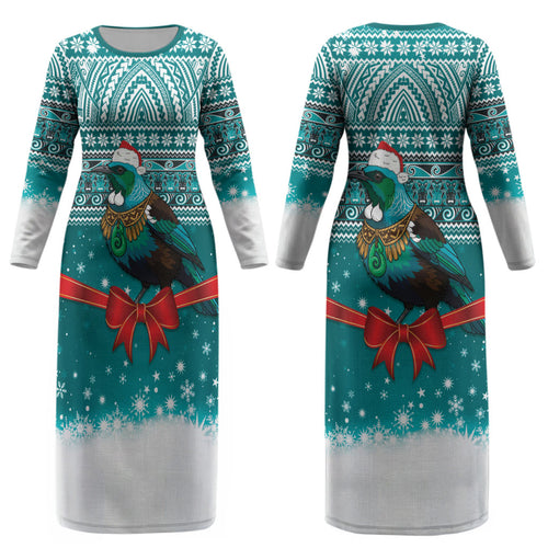 New Zealand Tui Bird Christmas Couples Matching Long Sleeve Bodycon Dress and Hawaiian Shirt Maori Inspired Knitted Patterns