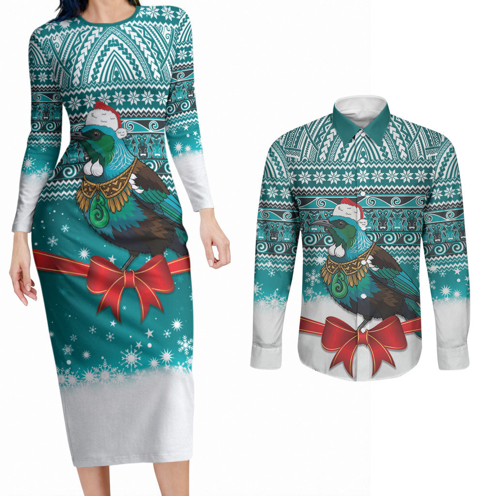 New Zealand Tui Bird Christmas Couples Matching Long Sleeve Bodycon Dress and Long Sleeve Button Shirt Maori Inspired Knitted Patterns