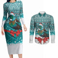 New Zealand Tui Bird Christmas Couples Matching Long Sleeve Bodycon Dress and Long Sleeve Button Shirt Maori Inspired Knitted Patterns