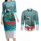 New Zealand Tui Bird Christmas Couples Matching Long Sleeve Bodycon Dress and Long Sleeve Button Shirt Maori Inspired Knitted Patterns
