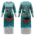 New Zealand Tui Bird Christmas Couples Matching Long Sleeve Bodycon Dress and Long Sleeve Button Shirt Maori Inspired Knitted Patterns