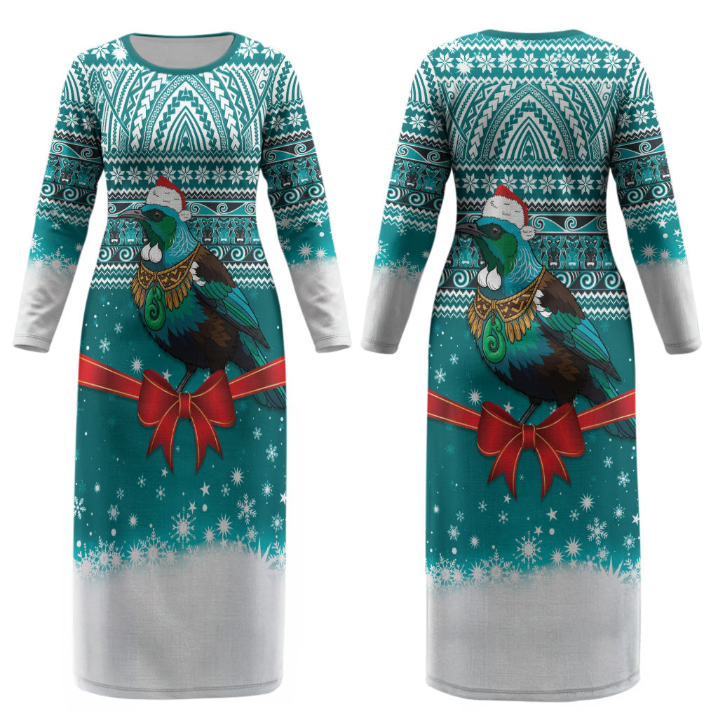 New Zealand Tui Bird Christmas Couples Matching Long Sleeve Bodycon Dress and Long Sleeve Button Shirt Maori Inspired Knitted Patterns