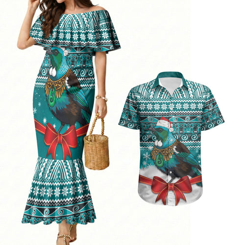 New Zealand Tui Bird Christmas Couples Matching Mermaid Dress and Hawaiian Shirt Maori Inspired Knitted Patterns