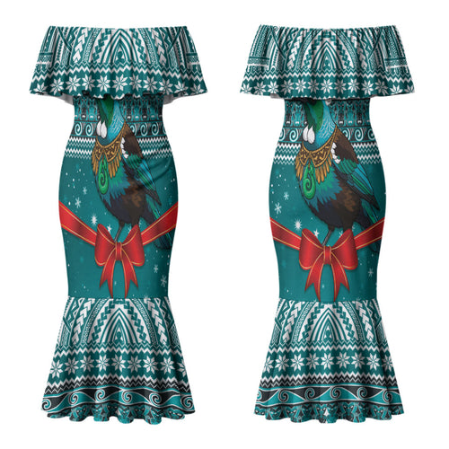 New Zealand Tui Bird Christmas Couples Matching Mermaid Dress and Hawaiian Shirt Maori Inspired Knitted Patterns