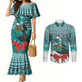 New Zealand Tui Bird Christmas Couples Matching Mermaid Dress and Long Sleeve Button Shirt Maori Inspired Knitted Patterns