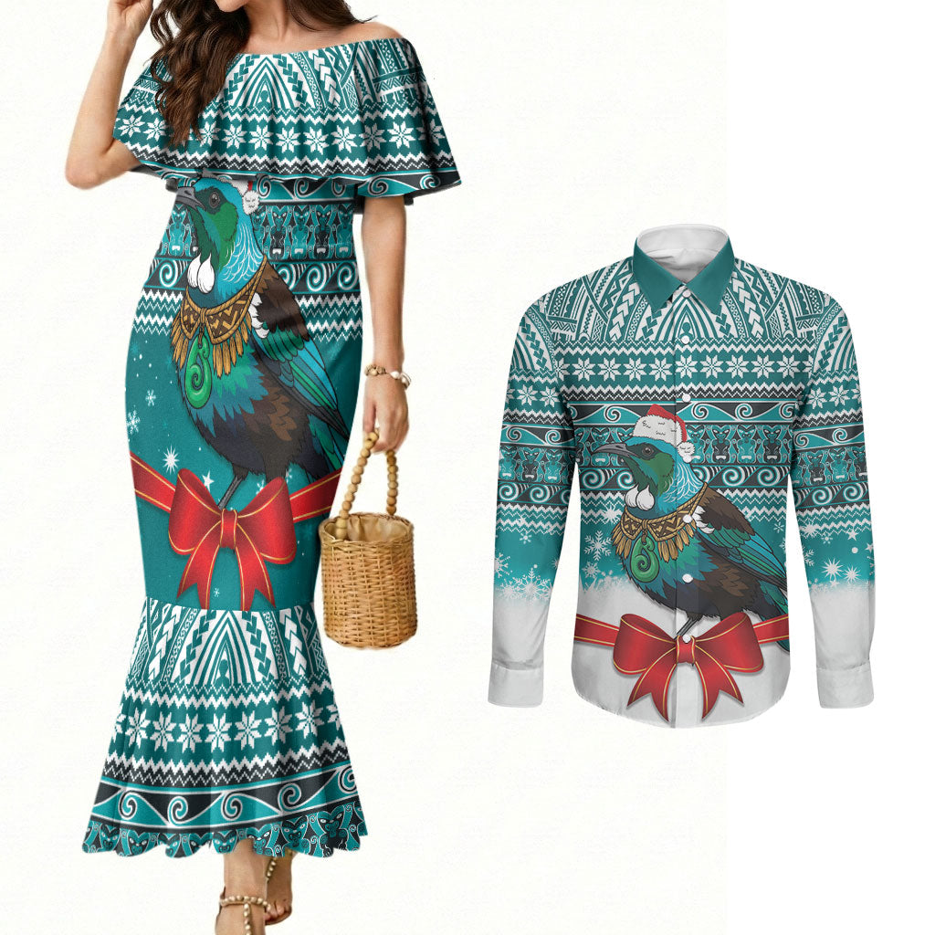 New Zealand Tui Bird Christmas Couples Matching Mermaid Dress and Long Sleeve Button Shirt Maori Inspired Knitted Patterns