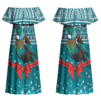New Zealand Tui Bird Christmas Couples Matching Off Shoulder Maxi Dress and Hawaiian Shirt Maori Inspired Knitted Patterns