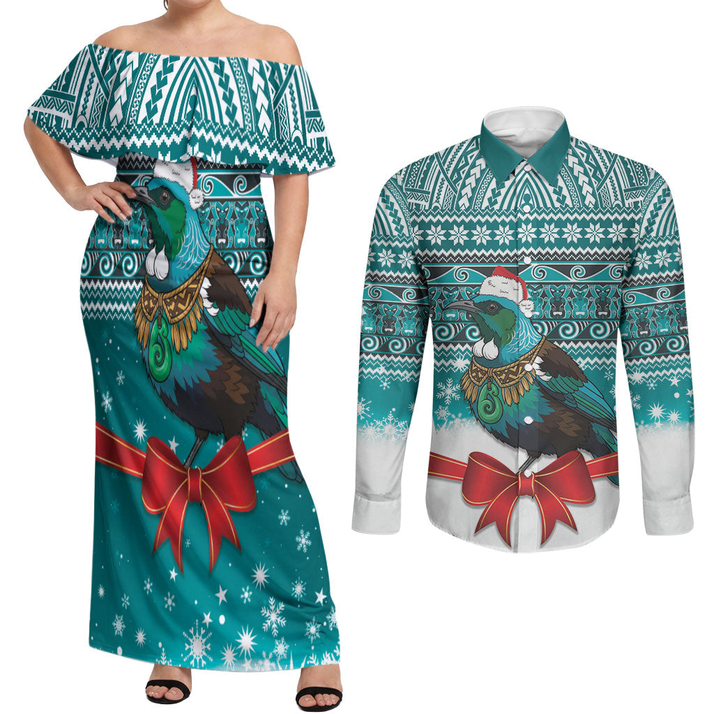 New Zealand Tui Bird Christmas Couples Matching Off Shoulder Maxi Dress and Long Sleeve Button Shirt Maori Inspired Knitted Patterns
