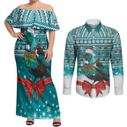 New Zealand Tui Bird Christmas Couples Matching Off Shoulder Maxi Dress and Long Sleeve Button Shirt Maori Inspired Knitted Patterns