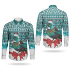 New Zealand Tui Bird Christmas Couples Matching Off Shoulder Maxi Dress and Long Sleeve Button Shirt Maori Inspired Knitted Patterns