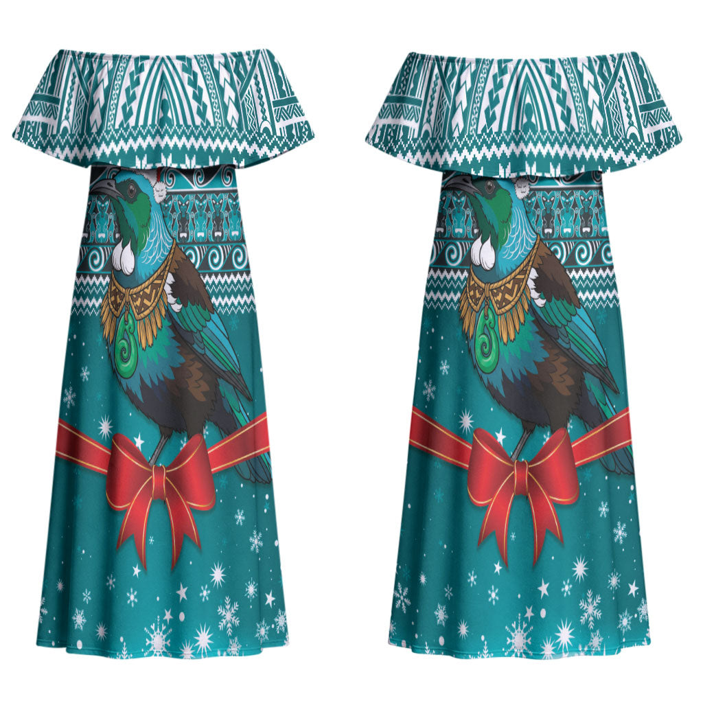 New Zealand Tui Bird Christmas Couples Matching Off Shoulder Maxi Dress and Long Sleeve Button Shirt Maori Inspired Knitted Patterns