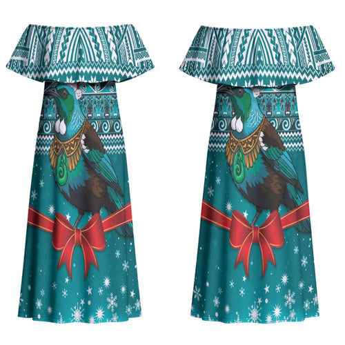 New Zealand Tui Bird Christmas Couples Matching Off Shoulder Maxi Dress and Long Sleeve Button Shirt Maori Inspired Knitted Patterns