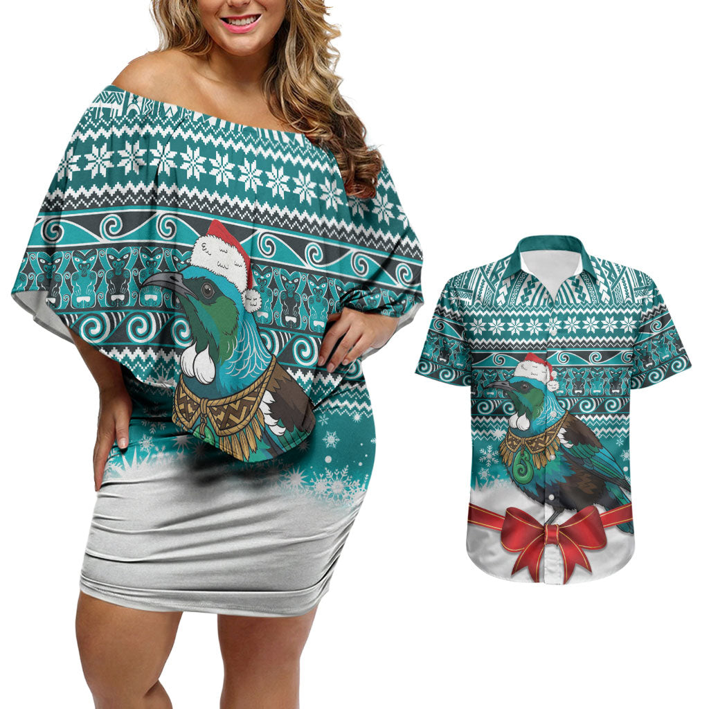 New Zealand Tui Bird Christmas Couples Matching Off Shoulder Short Dress and Hawaiian Shirt Maori Inspired Knitted Patterns