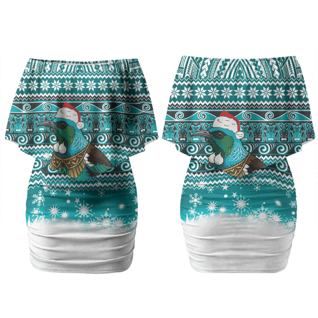 New Zealand Tui Bird Christmas Couples Matching Off Shoulder Short Dress and Hawaiian Shirt Maori Inspired Knitted Patterns