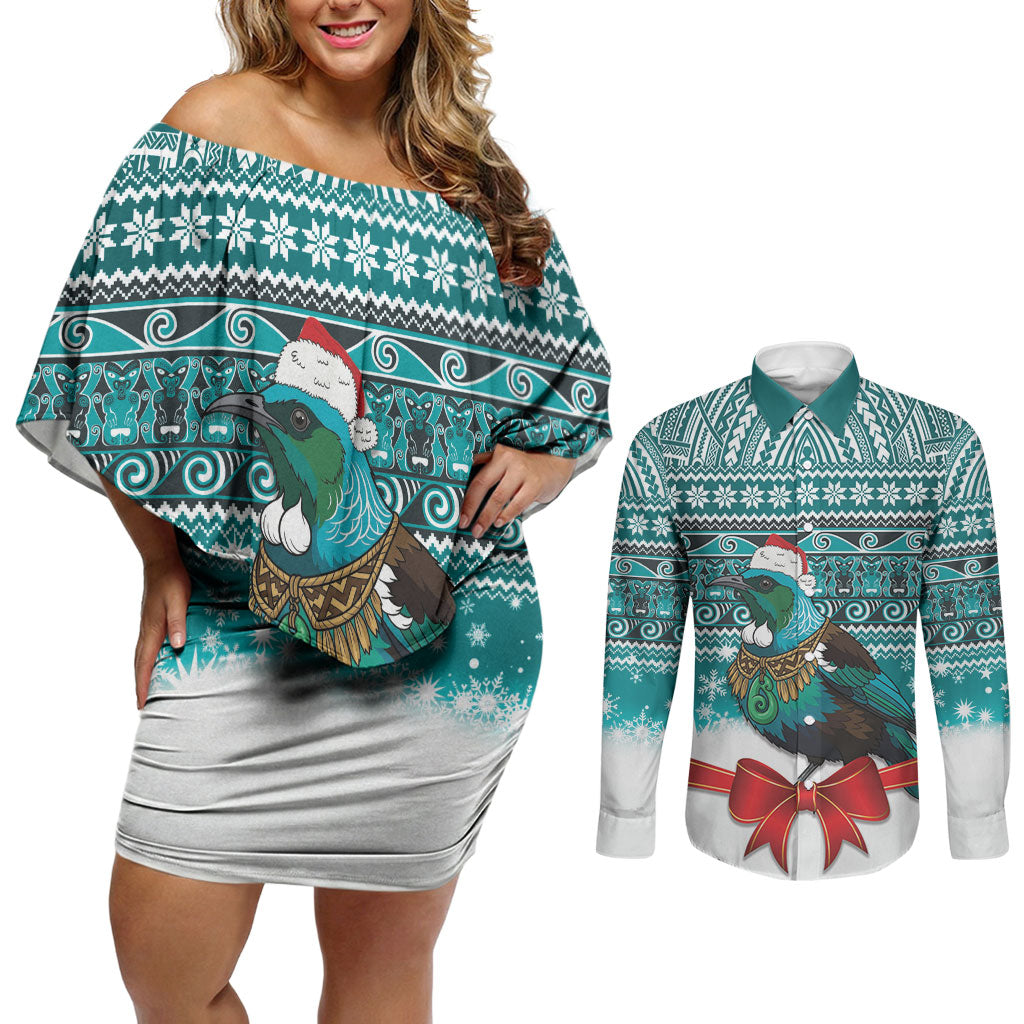 New Zealand Tui Bird Christmas Couples Matching Off Shoulder Short Dress and Long Sleeve Button Shirt Maori Inspired Knitted Patterns