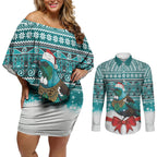 New Zealand Tui Bird Christmas Couples Matching Off Shoulder Short Dress and Long Sleeve Button Shirt Maori Inspired Knitted Patterns