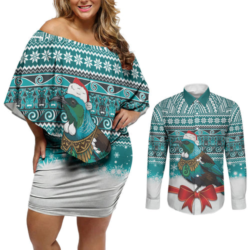 New Zealand Tui Bird Christmas Couples Matching Off Shoulder Short Dress and Long Sleeve Button Shirt Maori Inspired Knitted Patterns