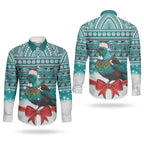 New Zealand Tui Bird Christmas Couples Matching Off Shoulder Short Dress and Long Sleeve Button Shirt Maori Inspired Knitted Patterns