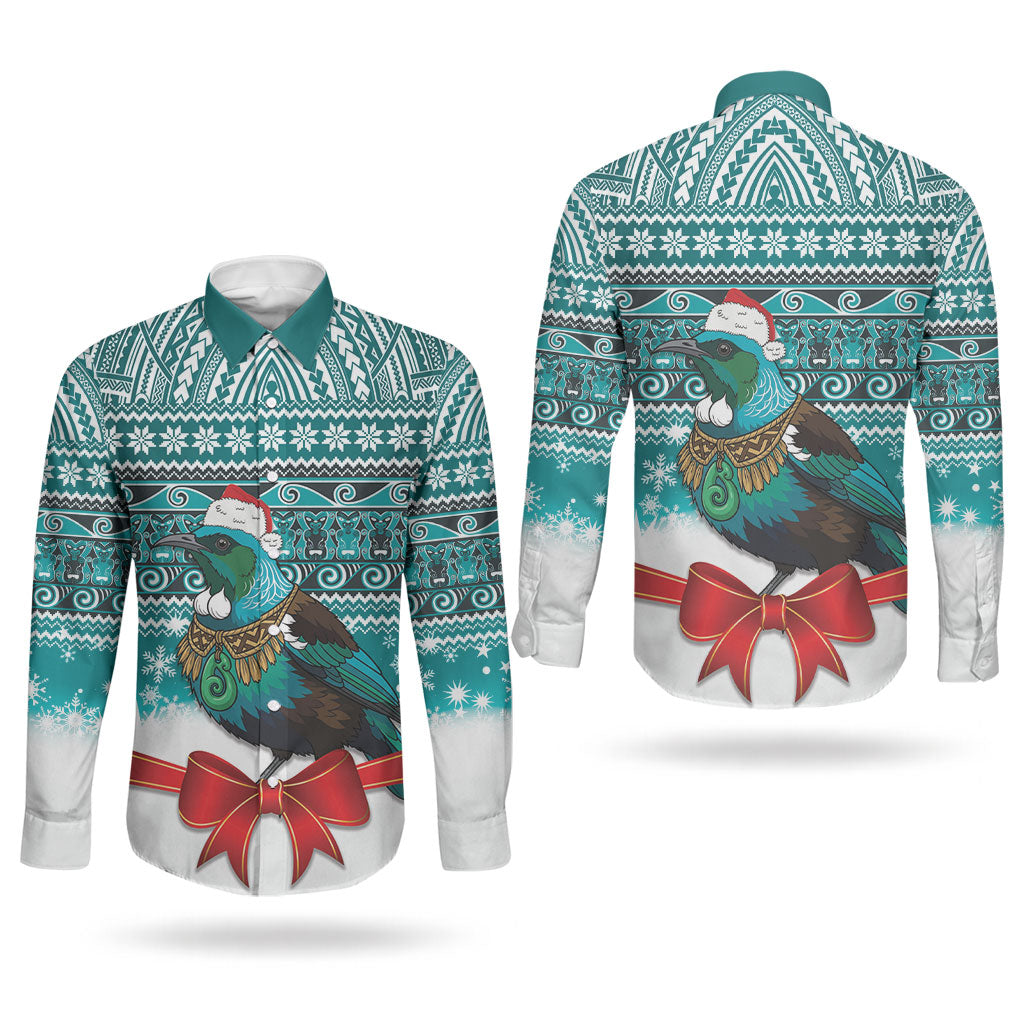 New Zealand Tui Bird Christmas Couples Matching Off Shoulder Short Dress and Long Sleeve Button Shirt Maori Inspired Knitted Patterns