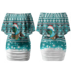 New Zealand Tui Bird Christmas Couples Matching Off Shoulder Short Dress and Long Sleeve Button Shirt Maori Inspired Knitted Patterns