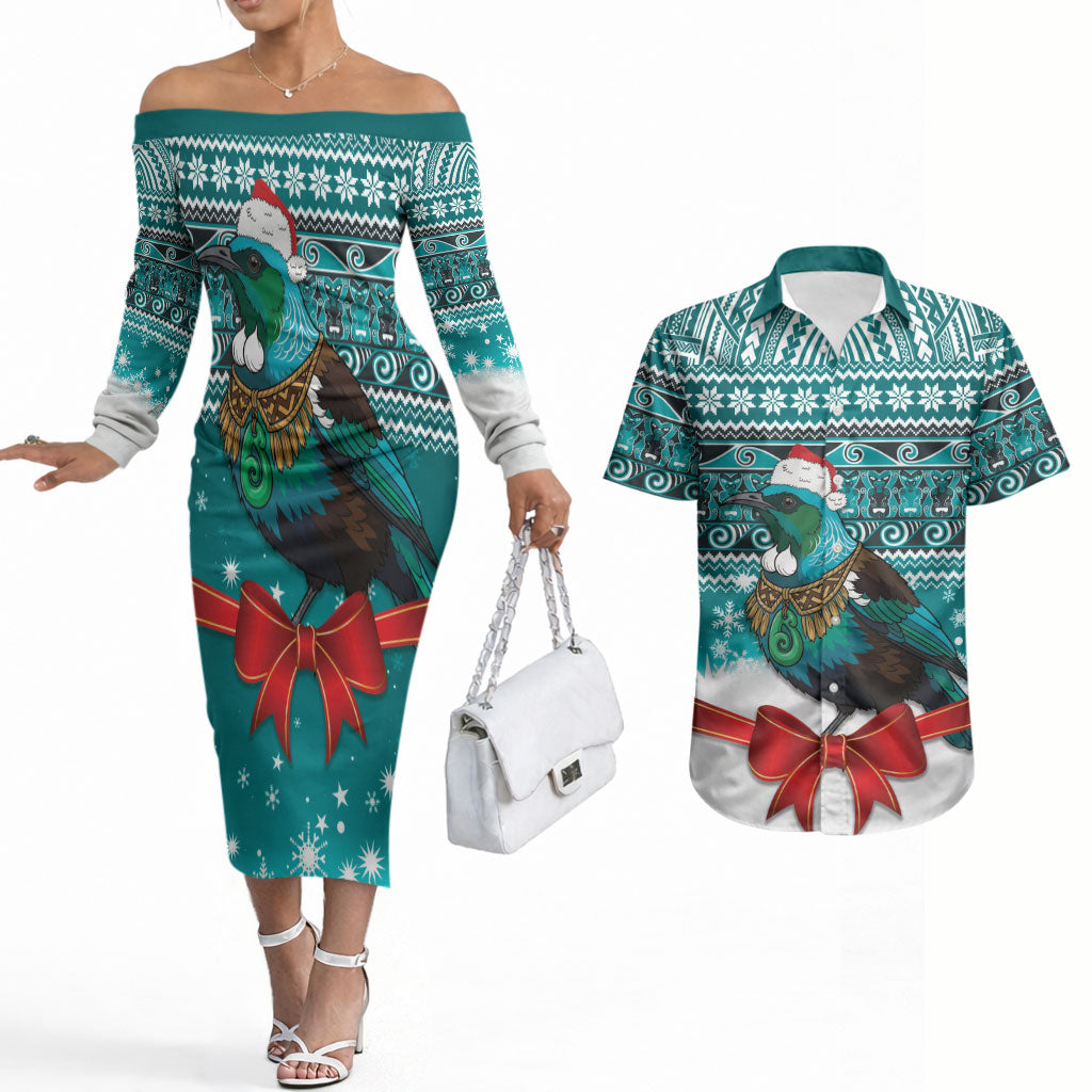 New Zealand Tui Bird Christmas Couples Matching Off The Shoulder Long Sleeve Dress and Hawaiian Shirt Maori Inspired Knitted Patterns