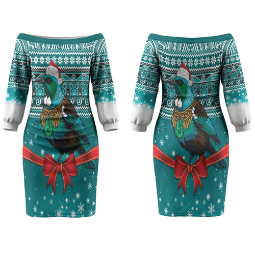 New Zealand Tui Bird Christmas Couples Matching Off The Shoulder Long Sleeve Dress and Hawaiian Shirt Maori Inspired Knitted Patterns