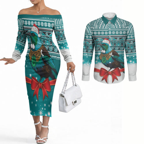 New Zealand Tui Bird Christmas Couples Matching Off The Shoulder Long Sleeve Dress and Long Sleeve Button Shirt Maori Inspired Knitted Patterns