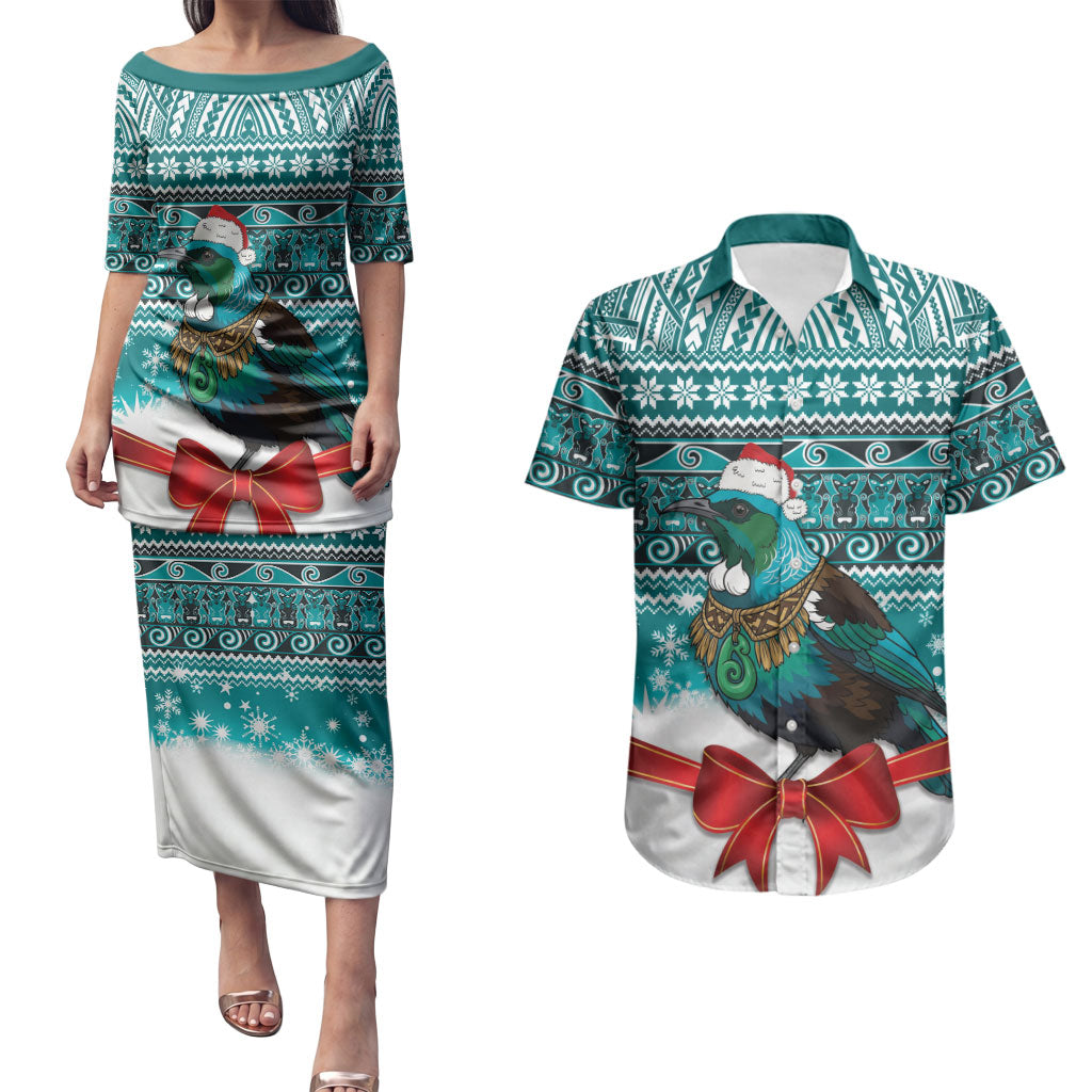 New Zealand Tui Bird Christmas Couples Matching Puletasi and Hawaiian Shirt Maori Inspired Knitted Patterns