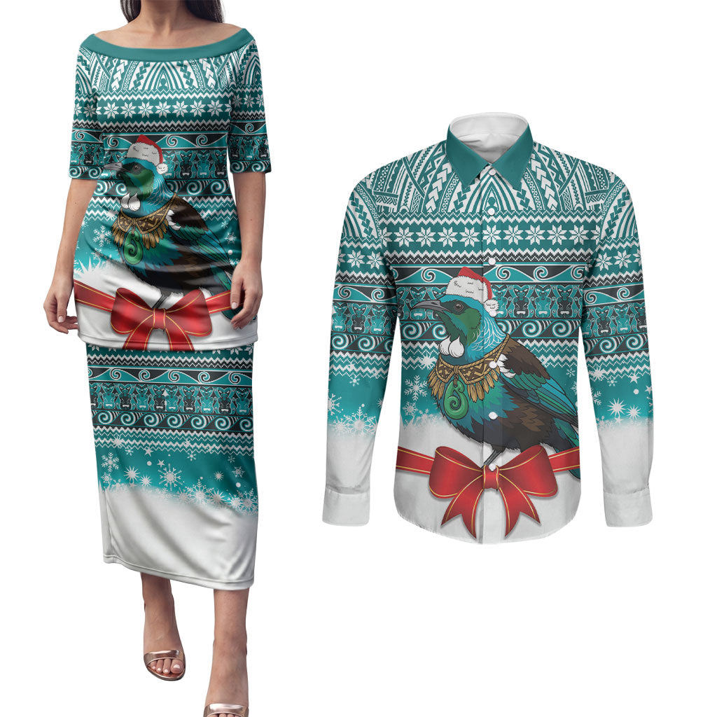 New Zealand Tui Bird Christmas Couples Matching Puletasi and Long Sleeve Button Shirt Maori Inspired Knitted Patterns