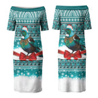 New Zealand Tui Bird Christmas Couples Matching Puletasi and Long Sleeve Button Shirt Maori Inspired Knitted Patterns