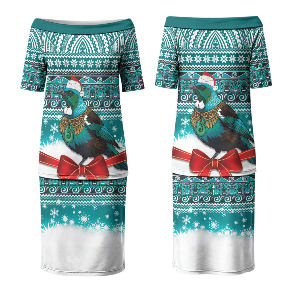 New Zealand Tui Bird Christmas Couples Matching Puletasi and Long Sleeve Button Shirt Maori Inspired Knitted Patterns