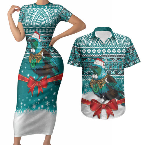 New Zealand Tui Bird Christmas Couples Matching Short Sleeve Bodycon Dress and Hawaiian Shirt Maori Inspired Knitted Patterns