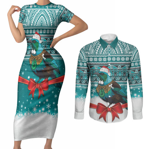 New Zealand Tui Bird Christmas Couples Matching Short Sleeve Bodycon Dress and Long Sleeve Button Shirt Maori Inspired Knitted Patterns