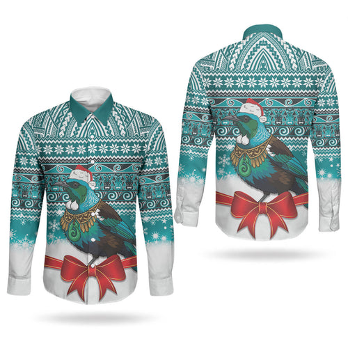 New Zealand Tui Bird Christmas Couples Matching Short Sleeve Bodycon Dress and Long Sleeve Button Shirt Maori Inspired Knitted Patterns