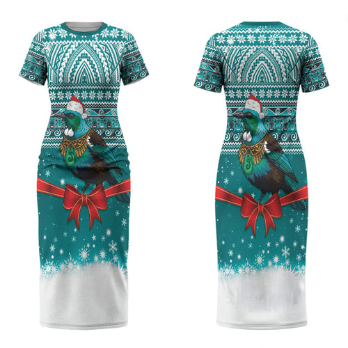 New Zealand Tui Bird Christmas Couples Matching Short Sleeve Bodycon Dress and Long Sleeve Button Shirt Maori Inspired Knitted Patterns