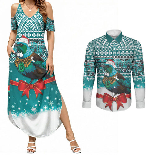 New Zealand Tui Bird Christmas Couples Matching Summer Maxi Dress and Long Sleeve Button Shirt Maori Inspired Knitted Patterns