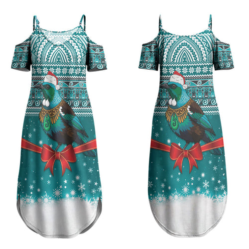 New Zealand Tui Bird Christmas Couples Matching Summer Maxi Dress and Long Sleeve Button Shirt Maori Inspired Knitted Patterns