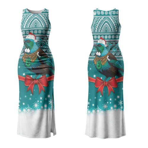 New Zealand Tui Bird Christmas Couples Matching Tank Maxi Dress and Hawaiian Shirt Maori Inspired Knitted Patterns
