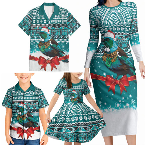 New Zealand Tui Bird Christmas Family Matching Long Sleeve Bodycon Dress and Hawaiian Shirt Maori Inspired Knitted Patterns