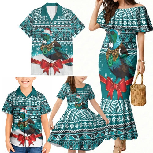 New Zealand Tui Bird Christmas Family Matching Mermaid Dress and Hawaiian Shirt Maori Inspired Knitted Patterns