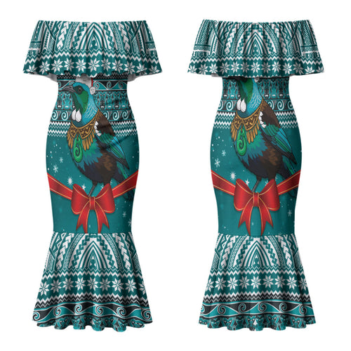 New Zealand Tui Bird Christmas Family Matching Mermaid Dress and Hawaiian Shirt Maori Inspired Knitted Patterns