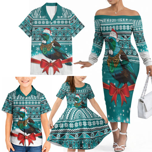 New Zealand Tui Bird Christmas Family Matching Off The Shoulder Long Sleeve Dress and Hawaiian Shirt Maori Inspired Knitted Patterns