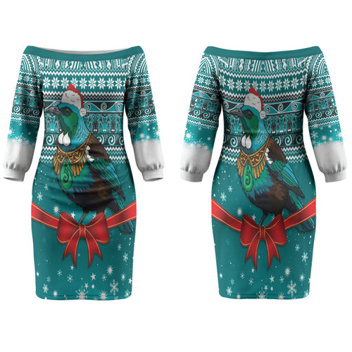 New Zealand Tui Bird Christmas Family Matching Off The Shoulder Long Sleeve Dress and Hawaiian Shirt Maori Inspired Knitted Patterns