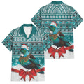 New Zealand Tui Bird Christmas Family Matching Off The Shoulder Long Sleeve Dress and Hawaiian Shirt Maori Inspired Knitted Patterns