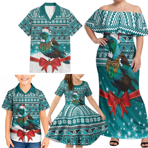 New Zealand Tui Bird Christmas Family Matching Off Shoulder Maxi Dress and Hawaiian Shirt Maori Inspired Knitted Patterns